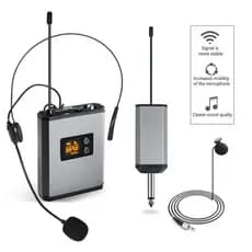 Microfone Sem Fio UHF Profissional 2 em 1 Headset e Lapela Recarregável com Transmissor e Receptor
