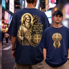 CAMISETA RELIGIOSA MEDALIA ANJO CSPB A CRUZ SAGRADA SEJA MINHA LUZ UNISSEX 100% ALGODÃO PREMIUM