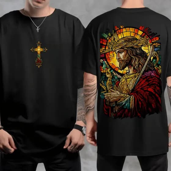 CAMISETA JESUS EM VITRAL MODERNO VIBRANTE ADULTO UNISSEX 100% ALGODÃO PREMIUM