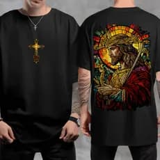 CAMISETA JESUS EM VITRAL MODERNO VIBRANTE ADULTO UNISSEX 100% ALGODÃO PREMIUM
