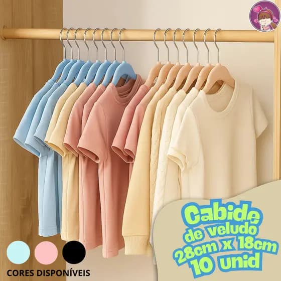 Cabide de Veludo Infantil Kit 10 unid Rosa Azul Preto para Camisa Calça Resistente Gancho Giratório