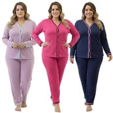 Pijama Longo Americano Plus Size com Botões / Pijama Inverno Amamentação Liso