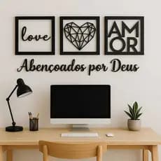 Kit 3 Quadros Love Coração Geométrico Amor + Frase Abençoados por Deus Decorativo Mdf