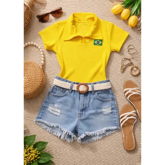 Blusa Polo Feminina Brasil Canelada Bandeira Bordada Baby Look Verde Amarelo Azul