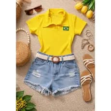 Blusa Polo Feminina Brasil Canelada Bandeira Bordada Baby Look Verde Amarelo Azul