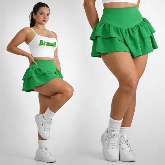 Saia cintura alta feminina alfaiataria Plissada babados em camadas empina bumbum tendencia inverno lançamento 2026 Copa
