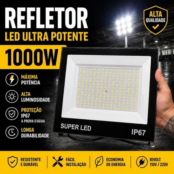 Refletor Led 1000W Super Potente Ip66 Prova Dagua Bivolt 6500K