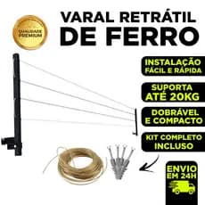 Varal de Parede Dobrável com Kit – Cabos de Aço Encapado – Lavanderia, Banheiro, Varanda