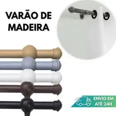 Varão de Madeira p/ Cortina de Sala, Quarto 2,00m x 19mm - Kit Completo c/ Ponteiras e Suporte