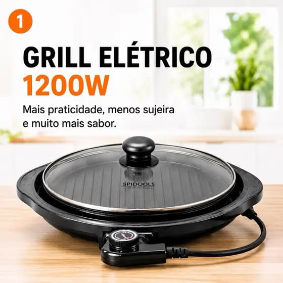 Grill churrasqueira eletrica redonda preta premium potencia alta 220V 127V gourmet assar grelhar