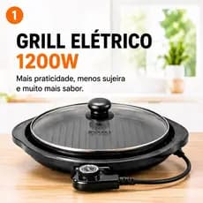 Grill churrasqueira eletrica redonda preta premium potencia alta 220V 127V gourmet assar grelhar