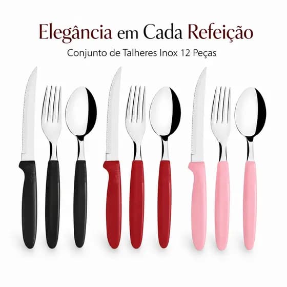 Jogo de Talheres 12 Peças Rosa Preto E Vermelho Inox Garfo Faca Colher New Caprese Mesa Posta