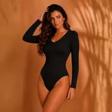 Body Manga Longa Blusa De Frio Aberto Nas Costas Com Bojo Liso Estampado Manga Comprida Outono e Inverno