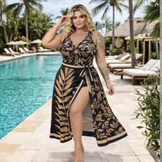 Conjunto Body  Maiô Engana Mamãe com Pareô Saída de Banho Canga de PraiaPlus Size Moda Maior