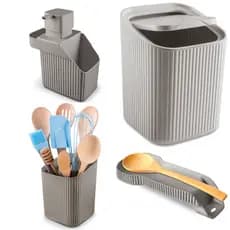 Kit Cozinha Porta Detergente, Escorredor de Talheres, Lixeira 3L e Descanso de Colher Conjunto Pia