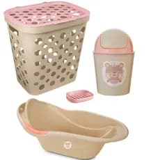 Kit Cesto de Roupa 30L, Banheira 20L, Lixeira 3L e Saboneteira com Escorredor Para Bebês Menina