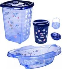 Kit Cesto de Roupa 38L, Banheira 21L, Lixeira 5,5L, Saboneteira e Porta Chupeta Para Bebê ASTRONAUTA