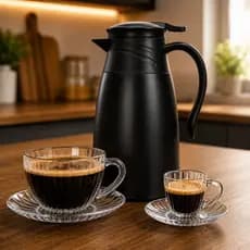 Kit Garrafa Térmica 1 Litro + Conjunto 6 Xícaras 90ml 210ml com Pires Cristal Moderno Café Água Chá