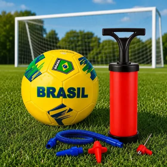 Bola de Futebol Brasil Amarela n5 e Bomba de Ar Encher Campo Quadra Copa do Mundo 2026