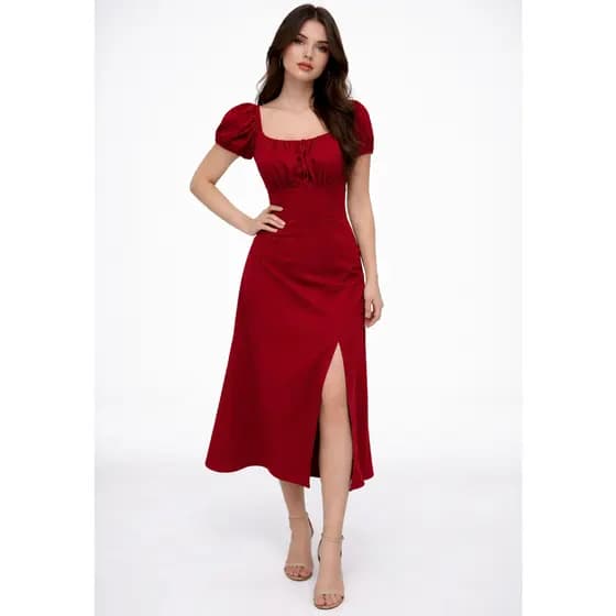 vestido femenino midi  manga corta elegante liso casual com fenda lateral, com elastex nas costas.