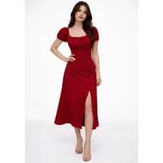 vestido femenino midi  manga corta elegante liso casual com fenda lateral, com elastex nas costas.