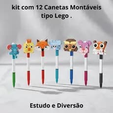 Kit 12 Canetas Blocos de Encaixe Tipo Lego Bixinhos Coloridos Infantil Escolar Criativo Divertido