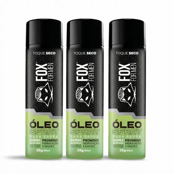 Kit 3 unidades Óleo Para Barba em Spray 60ml Fox For Men – Hidrata, Perfuma e Alinha a Barba