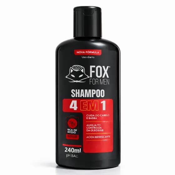 Shampoo 4 em 1 Fox For Men 240ml – Cabelo, Barba e Corpo com Extrato de Mandioca