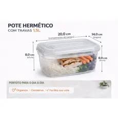 Kit com 2 Potes Hermético 1,5L com 4 Travas Tampa Vedação Pote Plástico Transparente Marmita Grande