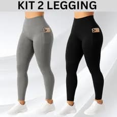 KIT 2 Calça Legging Feminino com Bolso lateral Feminina Suplex Cós Largo Academia Fitness Crossfit Verão 2026