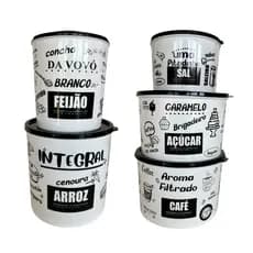 Kit 5 Porta Mantimentos Açúcar Café Sal Arroz Feijão Plástico Decorado com Tampa