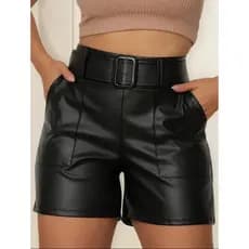 Short Feminino De Couro Fake Com Cinto e Bolso Fivela Cintura Alta