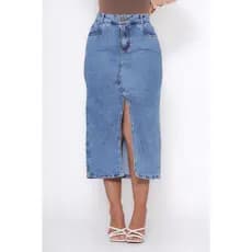 Saia Jeans Midi Longa Feminina Cintura Alta Premium Fenda Frontal Elegante Tendençia Confortavel
