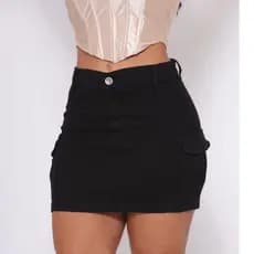Saia Jeans Feminina Cargo Cintura Alta Preto com Bolsos Laterais Premium Conforto Tendençia Casual