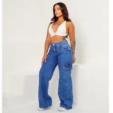 Calça Jeans Feminina Wid Cargo Lavagem Escura  lançamento Premium Estilo Moderna Conforto Tendençia