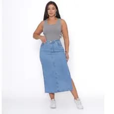 Saia Jeans Midi Longa Feminina Cintura Alta Premium Fenda Lateral  L/Clara
