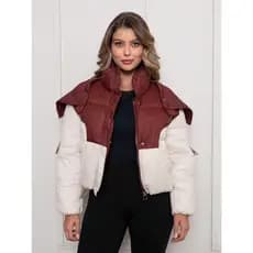 Jaqueta Feminina Puffer Gola Alta e Sobreposição Removível Com Zíper e Botões Bolsos Laterais Cropped - YUL6000
