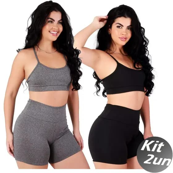 Kit 2 Conjunto Fitness Top Alça e Short Basic Cós Alto Fitness de Academia