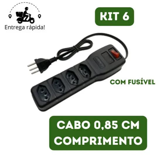 Kit 6 Filtro de Linha 4 Tomadas Régua de Tomada com Fusível Extensão Elétrica Bivolt Tripolar GR