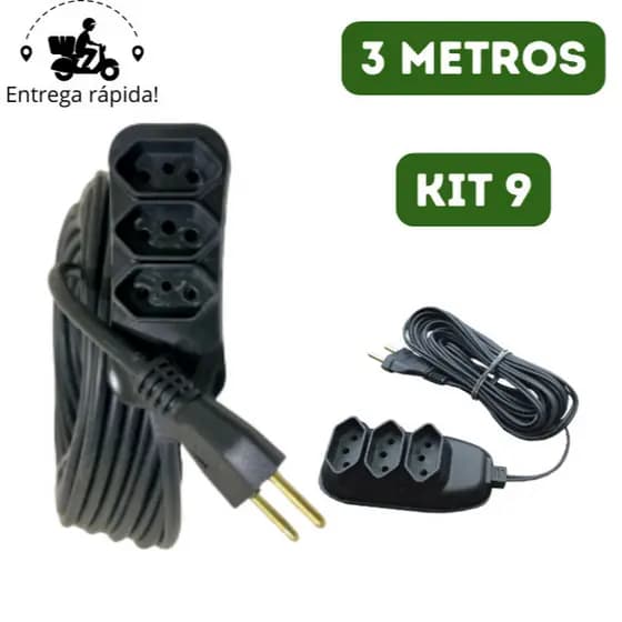 Kit 9 Extensão Elétrica 3 Metros Bivolt com 3 Tomadas 110v 220v Tripolar Alexa Compacta GR