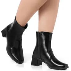 bota feminina cano curto salto médio Grosso Bota Bico Quadrado Macia Zíper Botinha