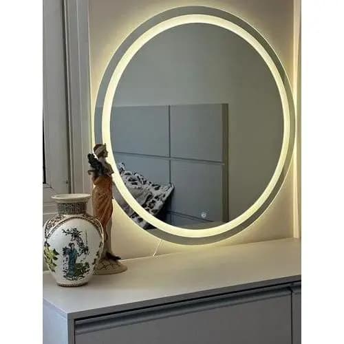 Espelho Redondo com LED Jateado Touch 3 Cores para Banheiro Lavabo Penteadeira Decorativo Moderno