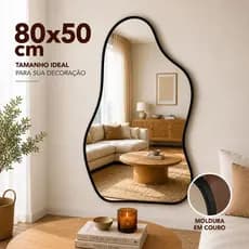 Espelho Orgânico Flame 80x50 cm com Moldura em Couro Decorativo para Sala Quarto Banheiro Moderno