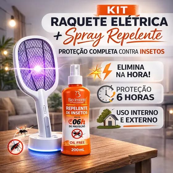 Kit Raquete Elétrica com Base + Spray Repelente 200ml