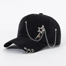 Boné de Beisebol Punk Feminino com Decoração de Corrente de Metal e Anel, Preto, Estilo Y2K Streetwear