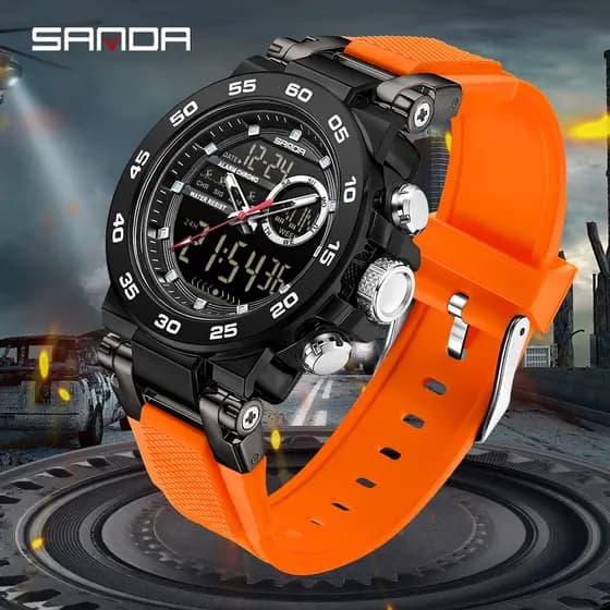 SANDA Novo 6296 Relógio Masculino Esportivo Multifuncional À Prova D'água Grande Mostrador Relógios Eletrônicos Masculin