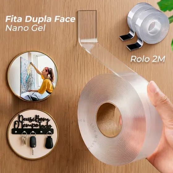 Fita Dupla Face Extra Forte 2 Metros Nano Gel Resistente Mágica Adesiva Transparente Silicone