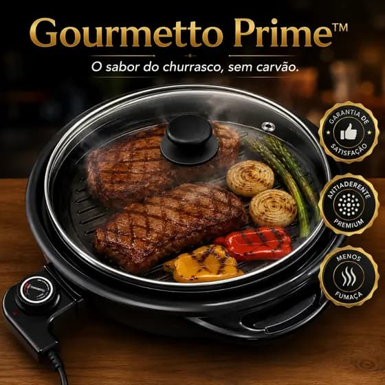Grill Elétrico Redondo 127V/220V 1200W Antiaderente com Tampa de Vidro Controle Temperatura Gourmetto Prime Preto