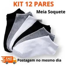 Kit 12 Pares Meias Soquete Cano Curto Algodão Unissex Preto Branco Cinza