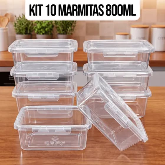 Kit 10 Marmitas Potes 800ml Travas Laterais hermeticas - Livres de BPA Alimentos organiza congelador - KAZIVA